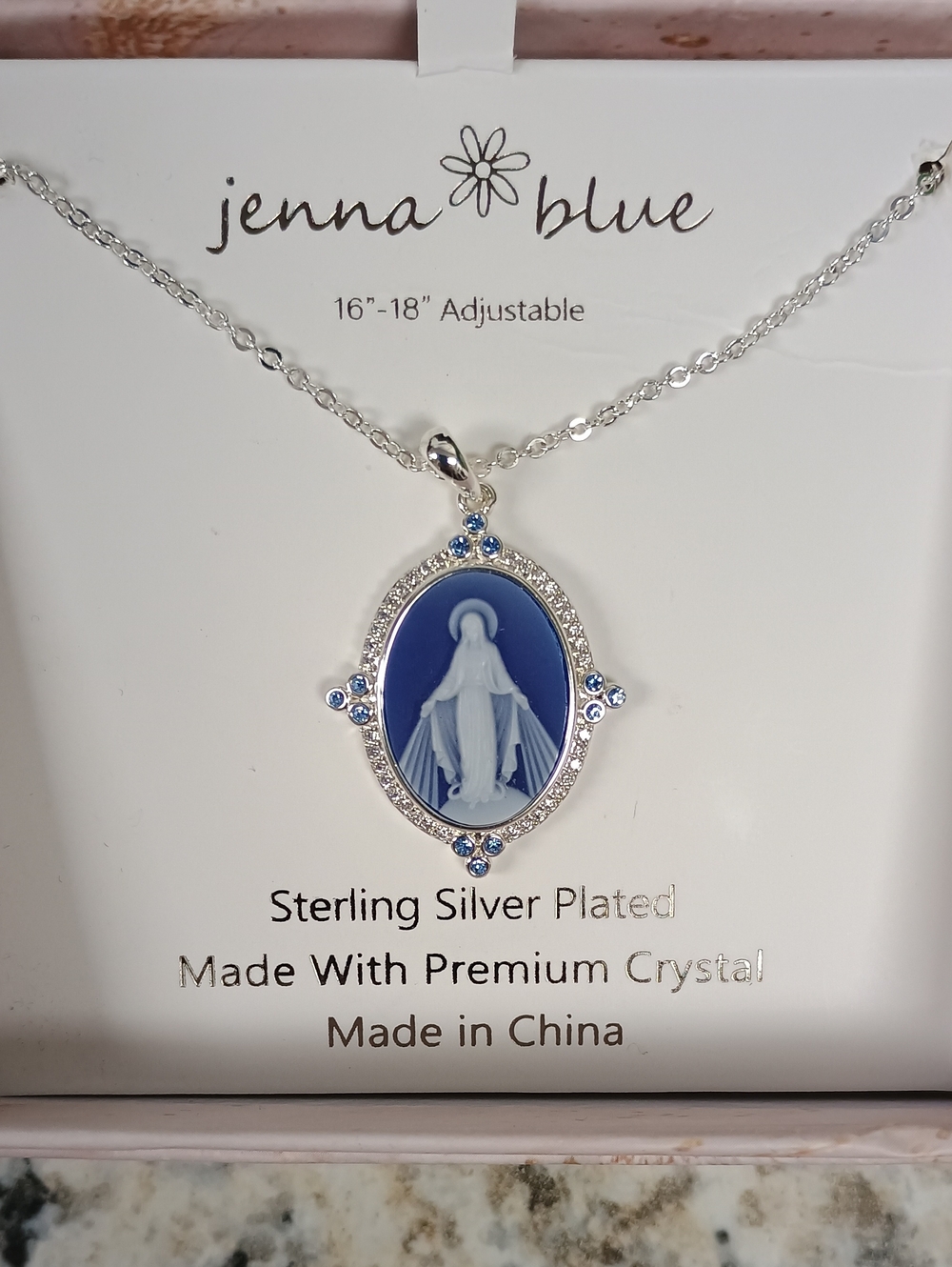 Jenna Blue Silver Miraculous Medal Virgin Mary Cameo Pendant Necklace NIB